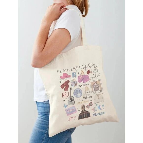 Taylor Swift Fearless Canvas Tote Bag Sz 13.5"x15.5" Beige Shoulder Bag Era Tour - Picture 1 of 7